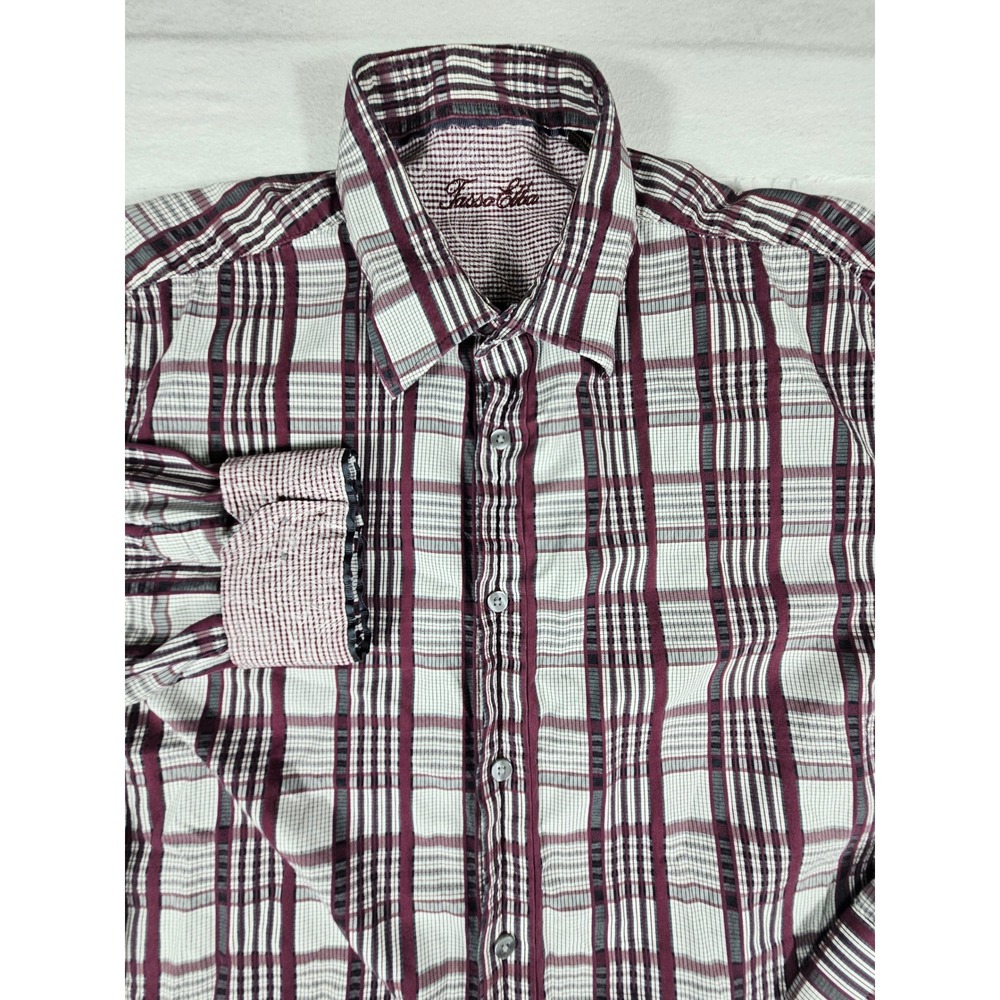 Tasso Elba Mens XL Long Sleeve Plaid Button‎ Up Shirt Burgundy Grey Cotton